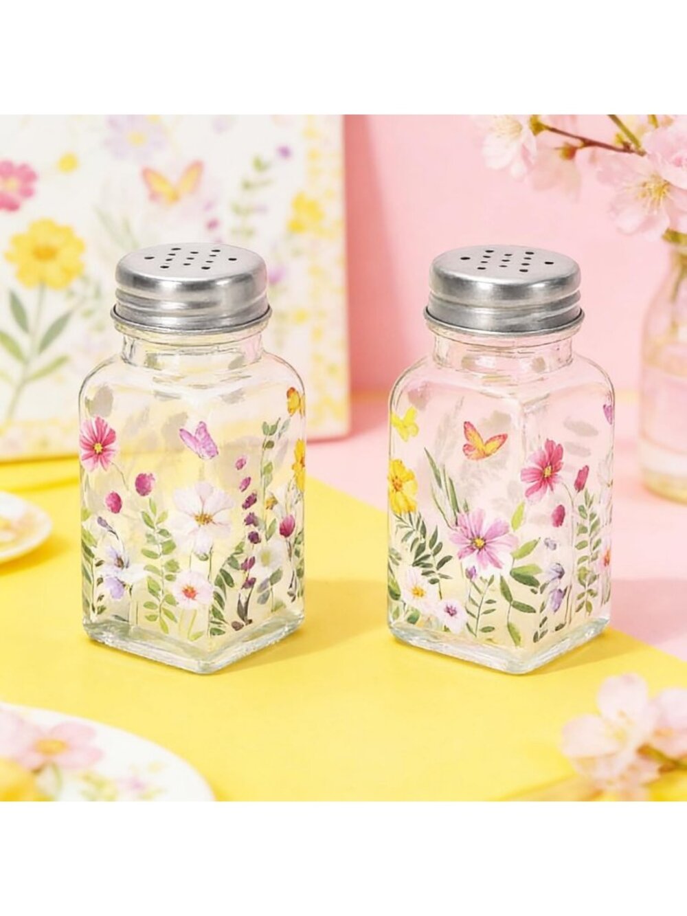 Floral Salt & Pepper Shakers Set - Watercolor Wildflower Glass Spice Dispensers